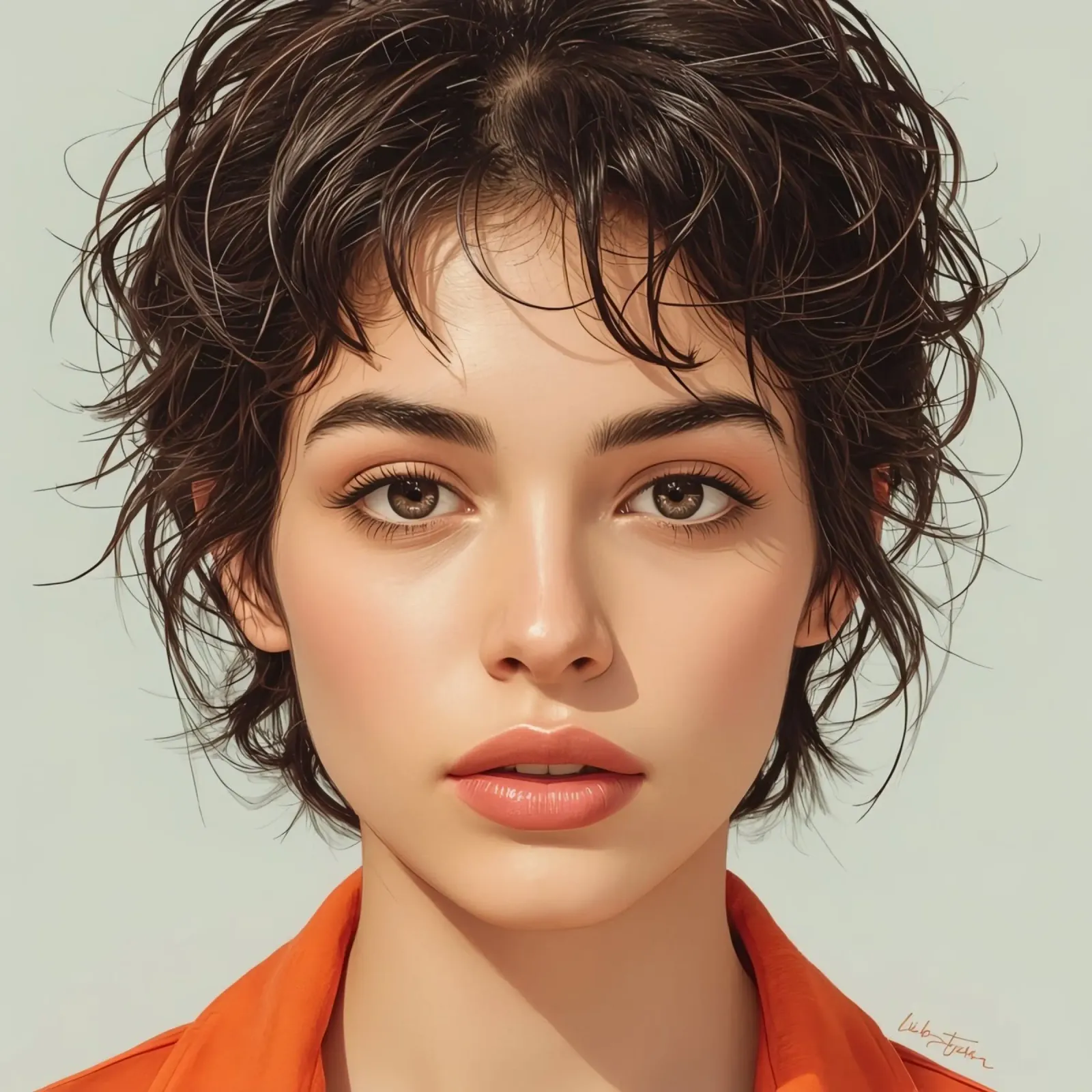 Ritratto di giovane donna con capelli castani corti poster con telaio in plastica da DesignDoodle