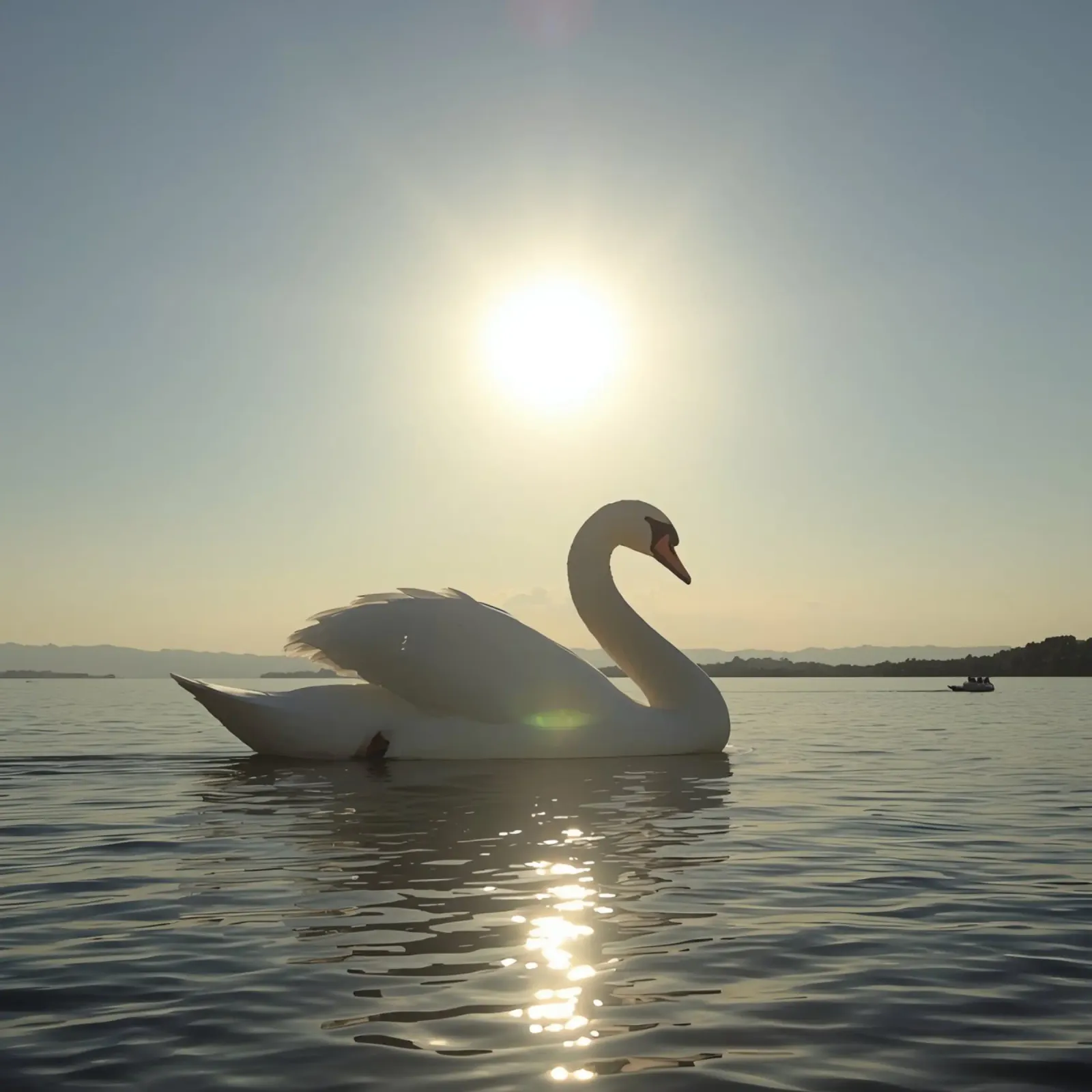 Cisne nadando en el agua al atardecer poster de DesignDoodle