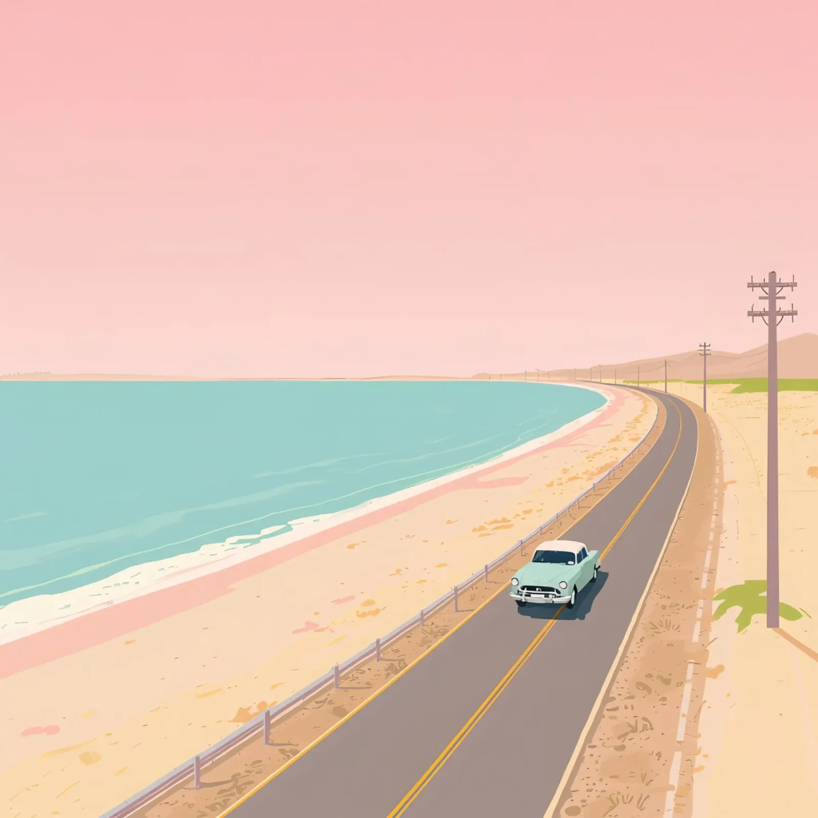 Auto d'epoca su strada costiera con spiaggia e pali telefonici poster da DesignDoodle