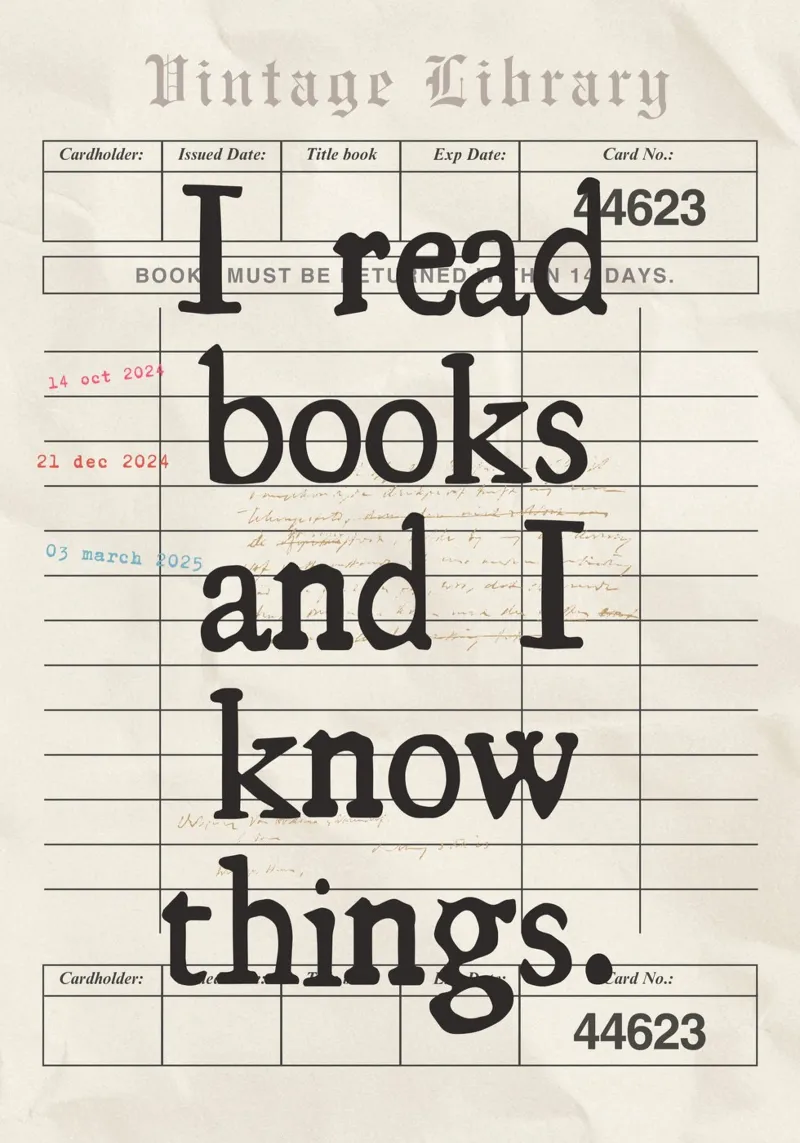 I Read Books & I Know Things (Leggo i libri e so le cose) Vintage Library Card Art (Carta della Biblioteca) poster con telaio in plastica da vintagepod
