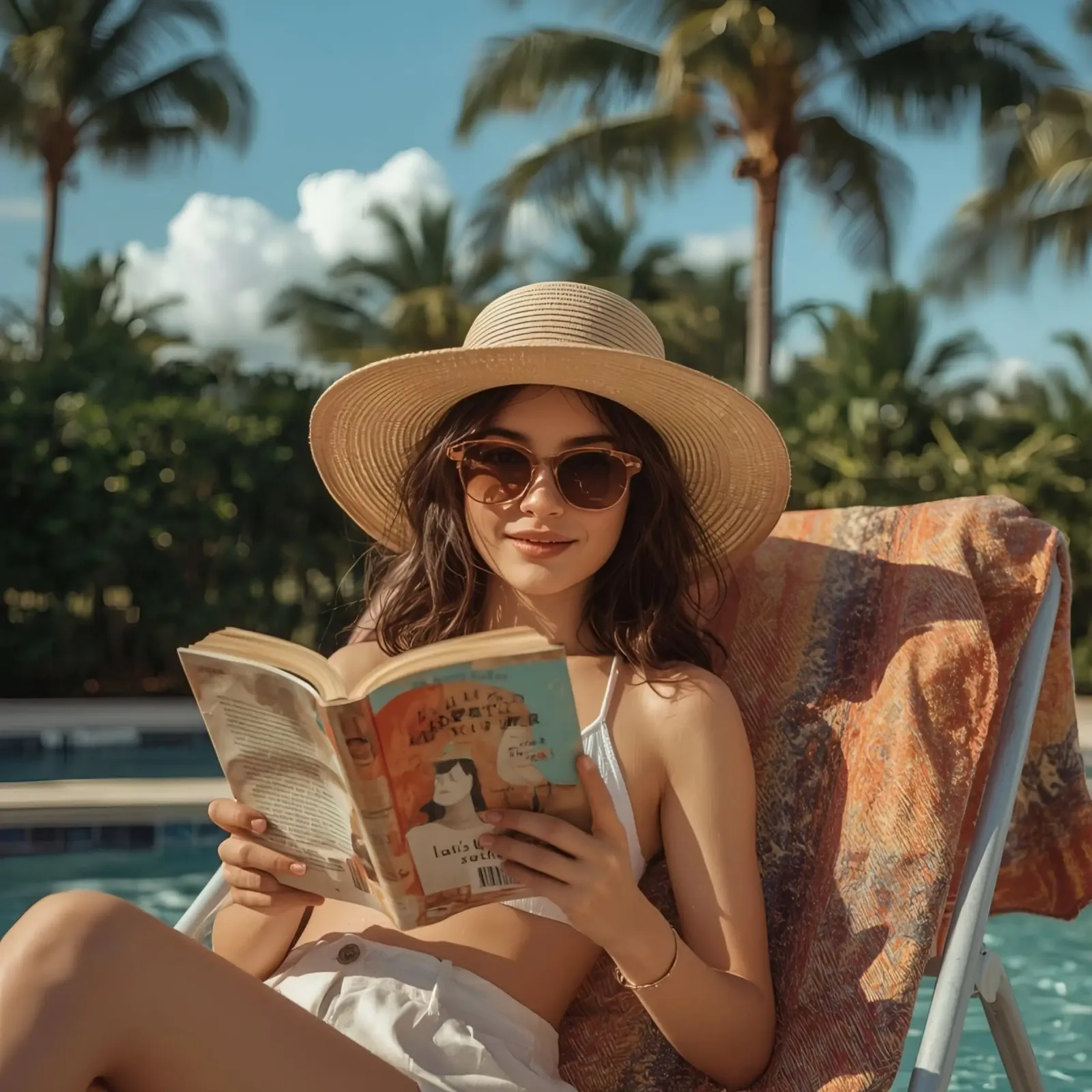 Donna che legge un libro su una sedia a sdraio in piscina poster con telaio in plastica da DesignDoodle