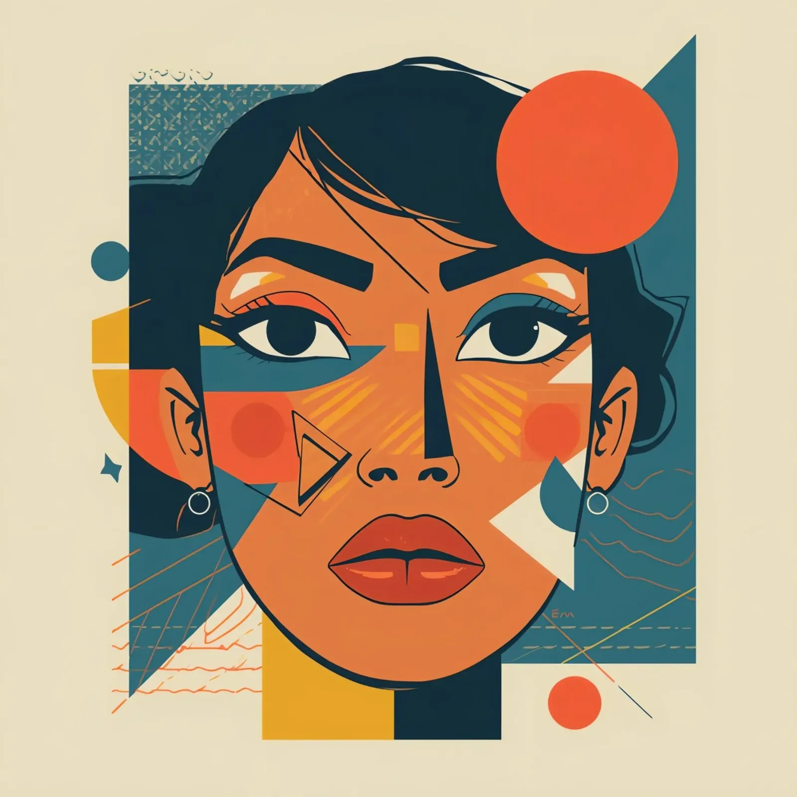 Ritratto di volto di donna con forme geometriche astratte poster con telaio in legno da DesignDoodle