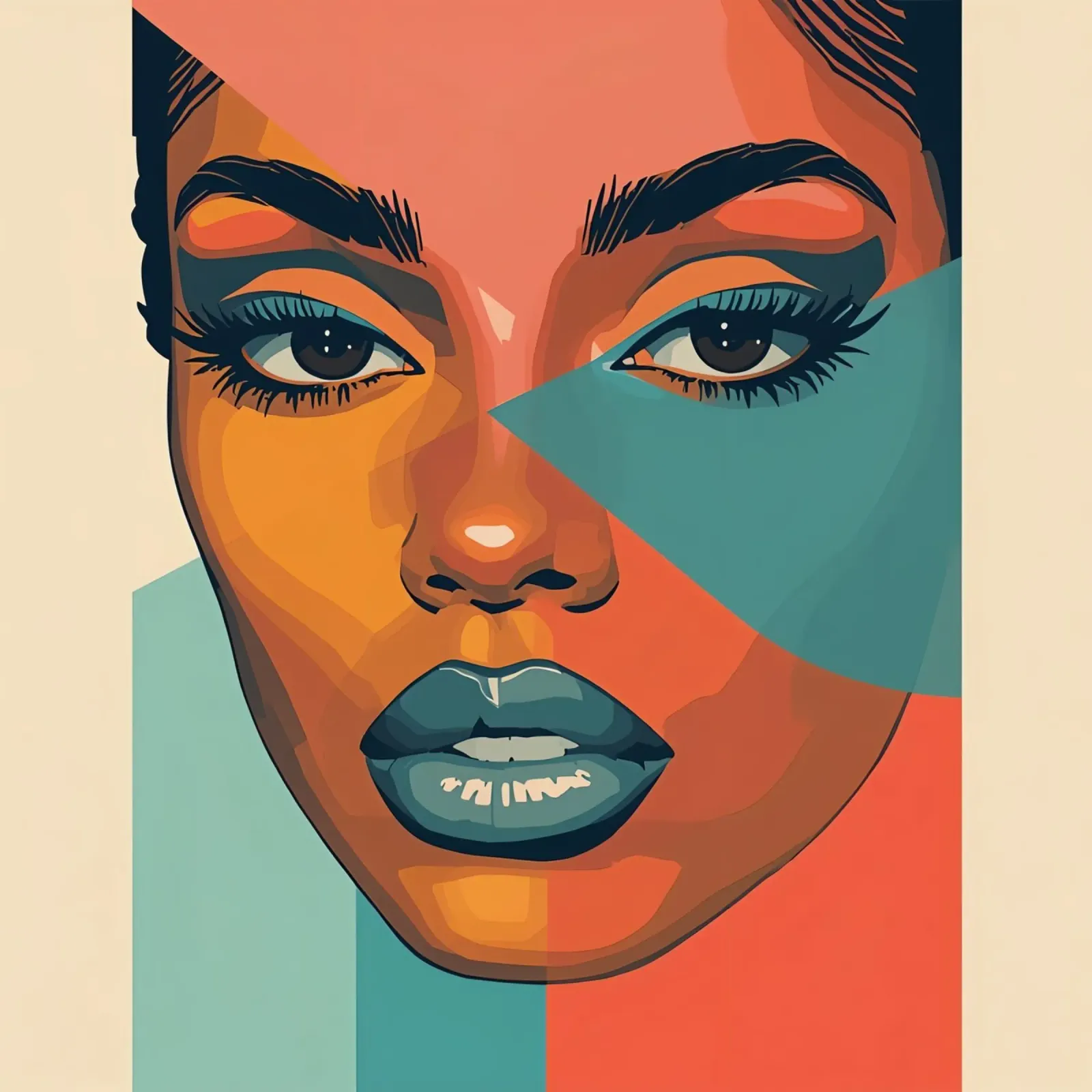 Woman's Face Portrait with Geometric Color Blocking poster with wooden frame by DesignDoodle