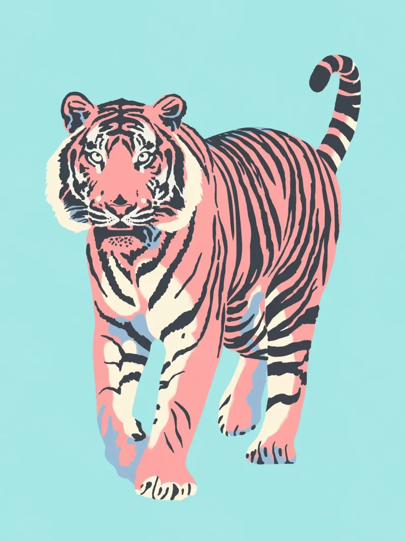 Stalking Tiger - Colori pastello poster con telaio in alluminio da Asha Designs