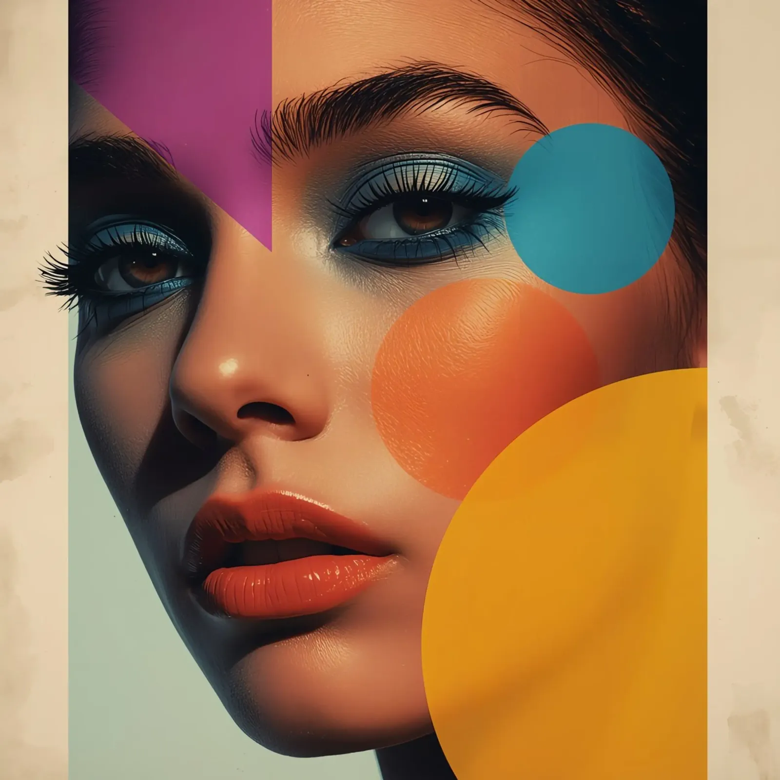Volto di donna con ombretto blu e sovrapposizione geometrica poster con telaio in alluminio da DesignDoodle
