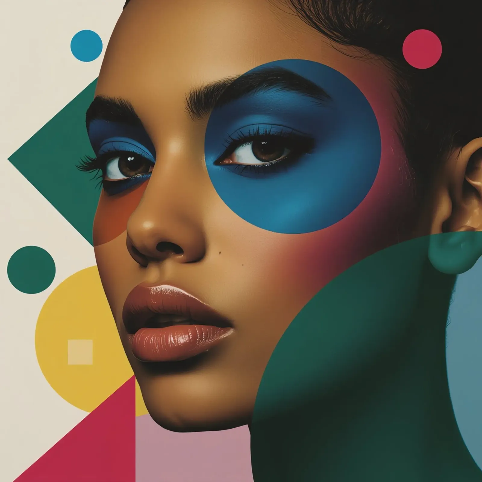 Volto di donna con ombretto blu e forme geometriche poster con telaio in alluminio da DesignDoodle