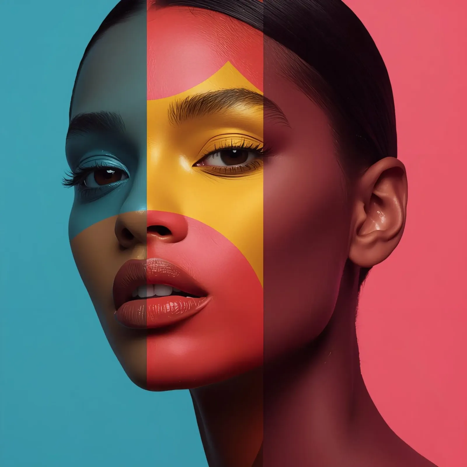 Woman's Face with Four Color Block Sections poster with aluminum frame by DesignDoodle