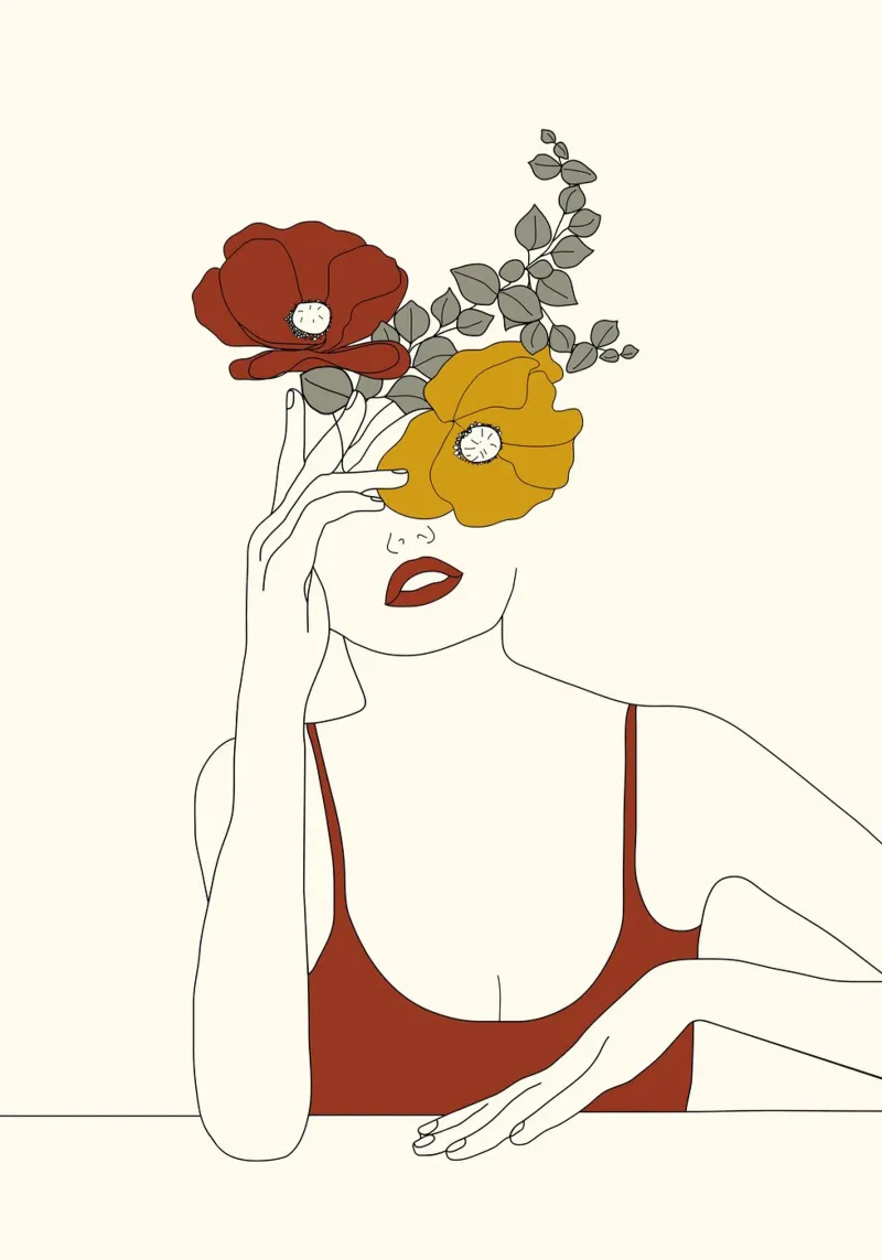 Colorful Thoughts Minimal Line Art Woman with Flowers II poster con telaio in plastica da Nadjaa