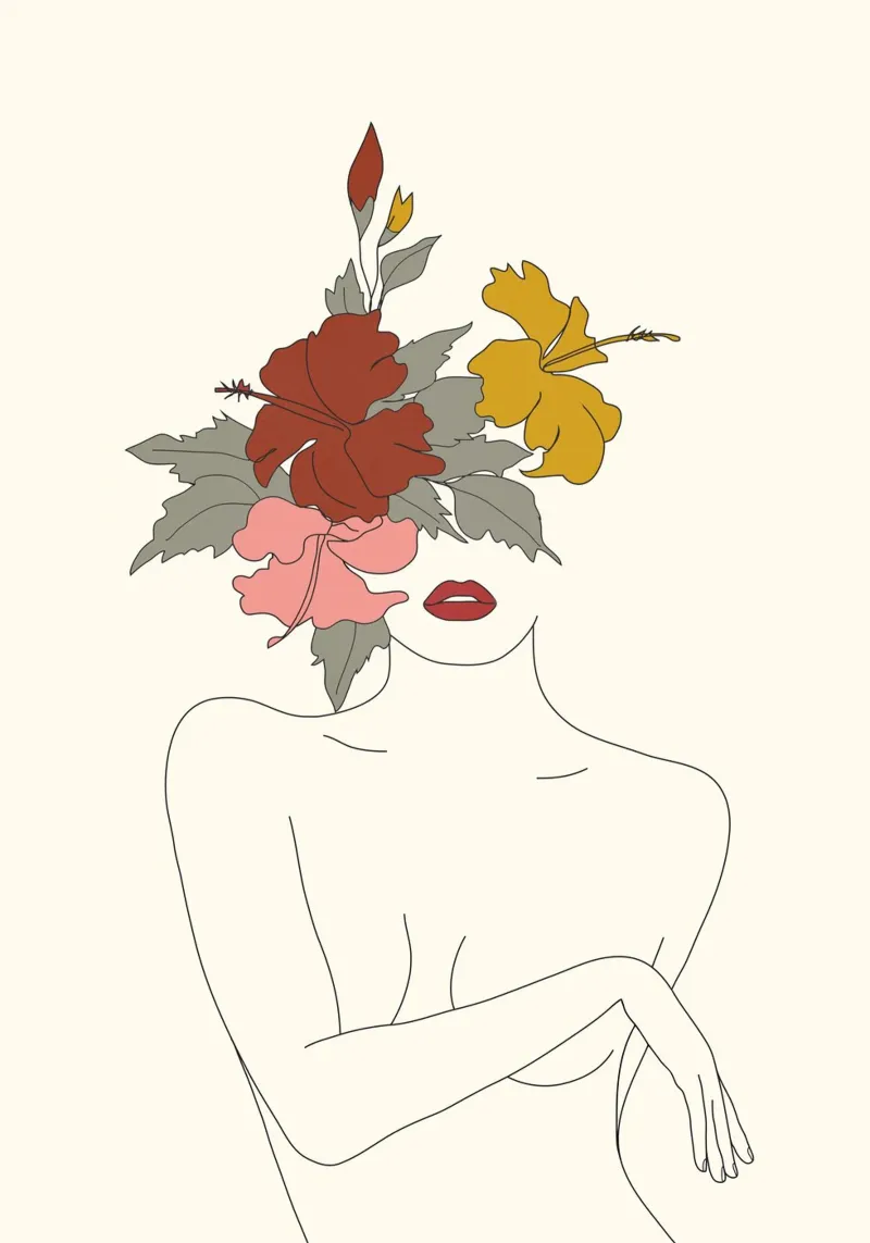 Colorful Thoughts Minimal Line Art Woman with Hibiscus poster con telaio in legno da Nadjaa