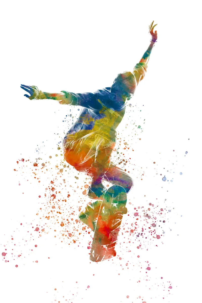 Pattinatore ad acquerello poster con telaio in legno da ⚽ Sports Pulse