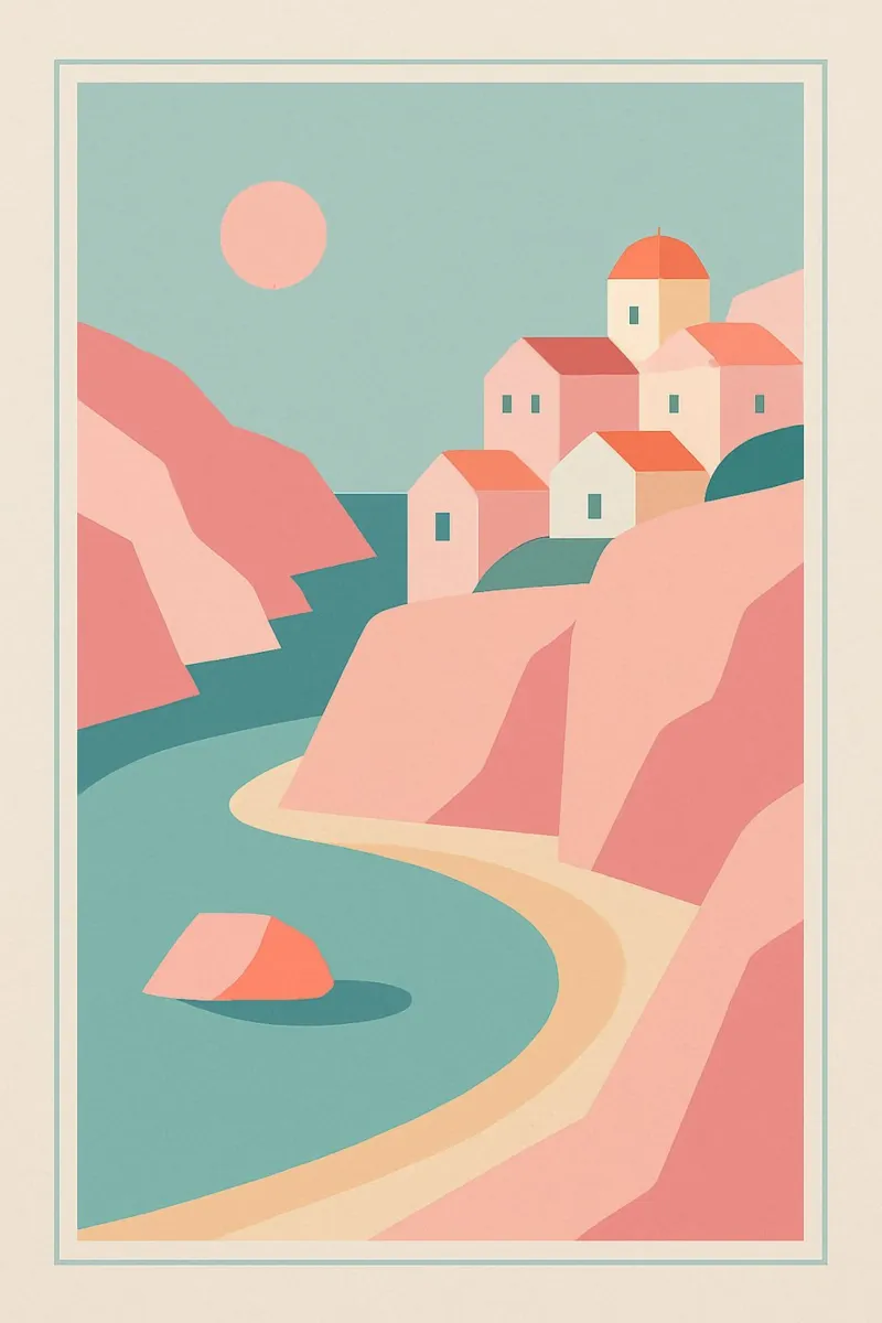 Kustdorp in de zon canvas met Baklijst van JETLAG | affiches voyage