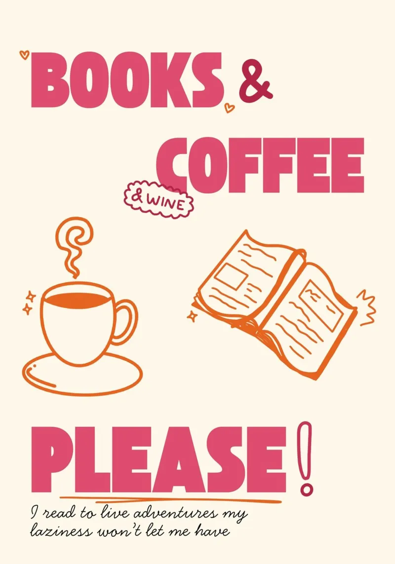 Poster estetico accogliente Libri, caffè e vino poster con telaio in legno da vintagepod