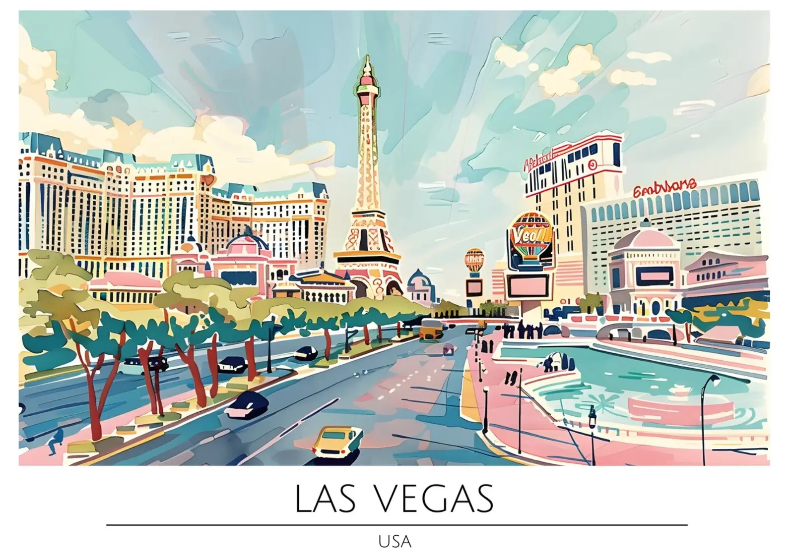 Poster da viaggio acquerellato sulla Strip di Las Vegas poster con telaio in legno da homdeco