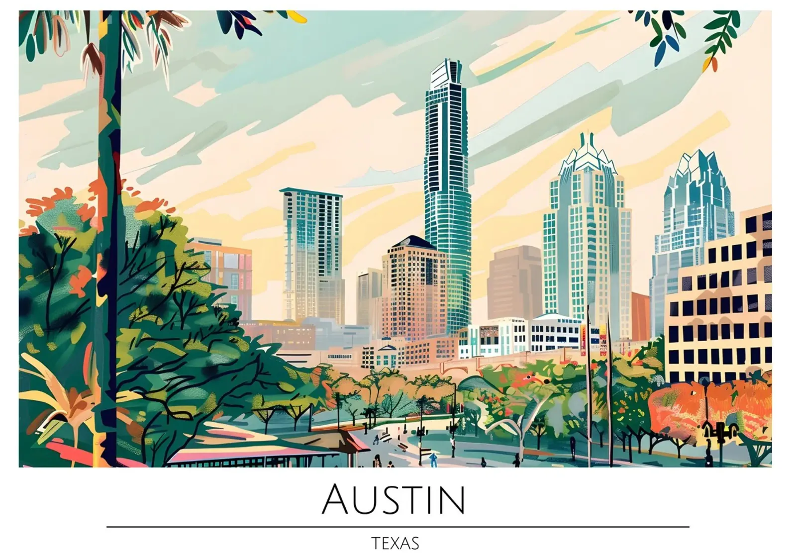 Poster di viaggio retro di Austin Texas Skyline poster da homdeco