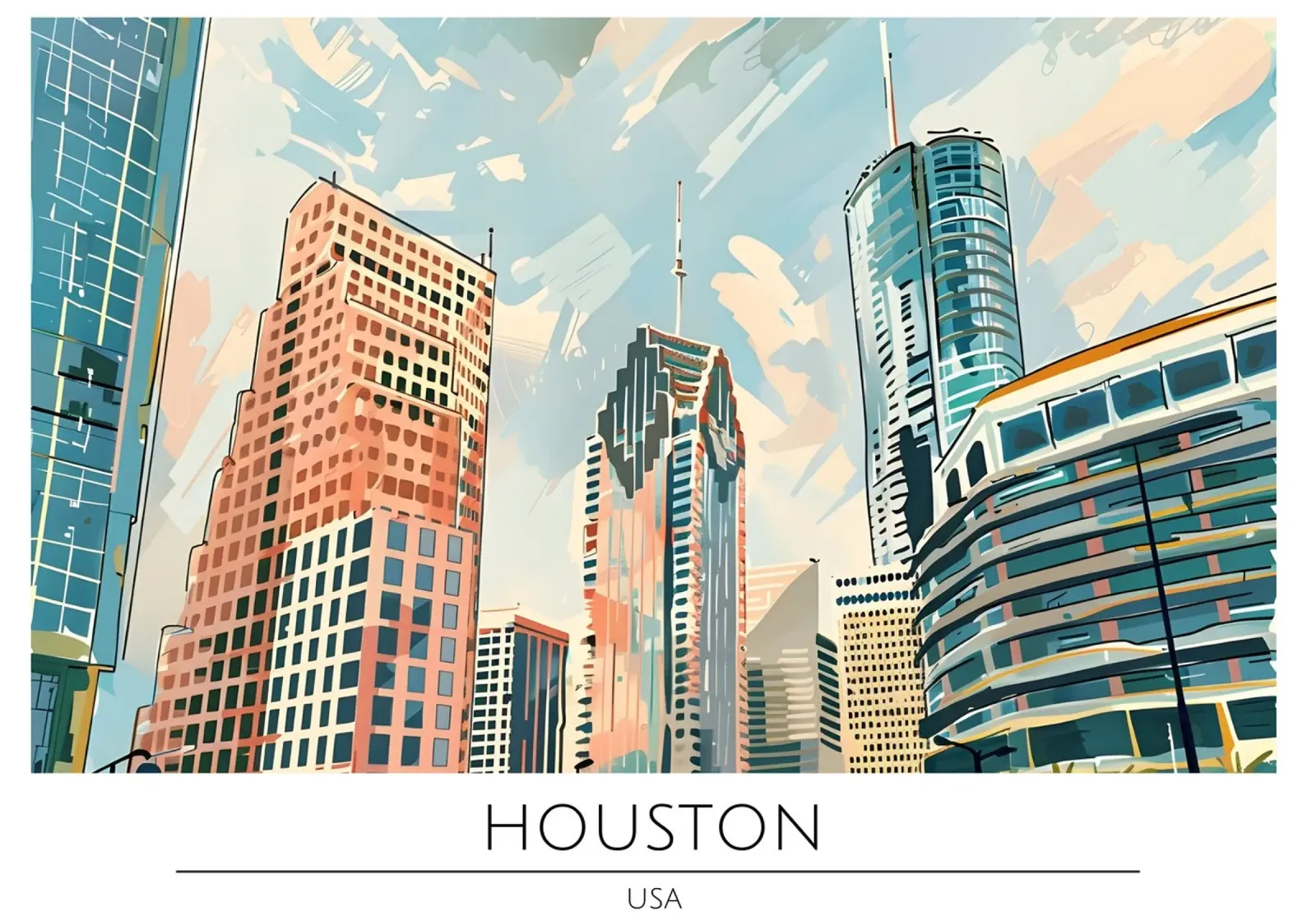 Poster da viaggio retrò Houston Texas Skyline tela con Cornice a cassetta da homdeco