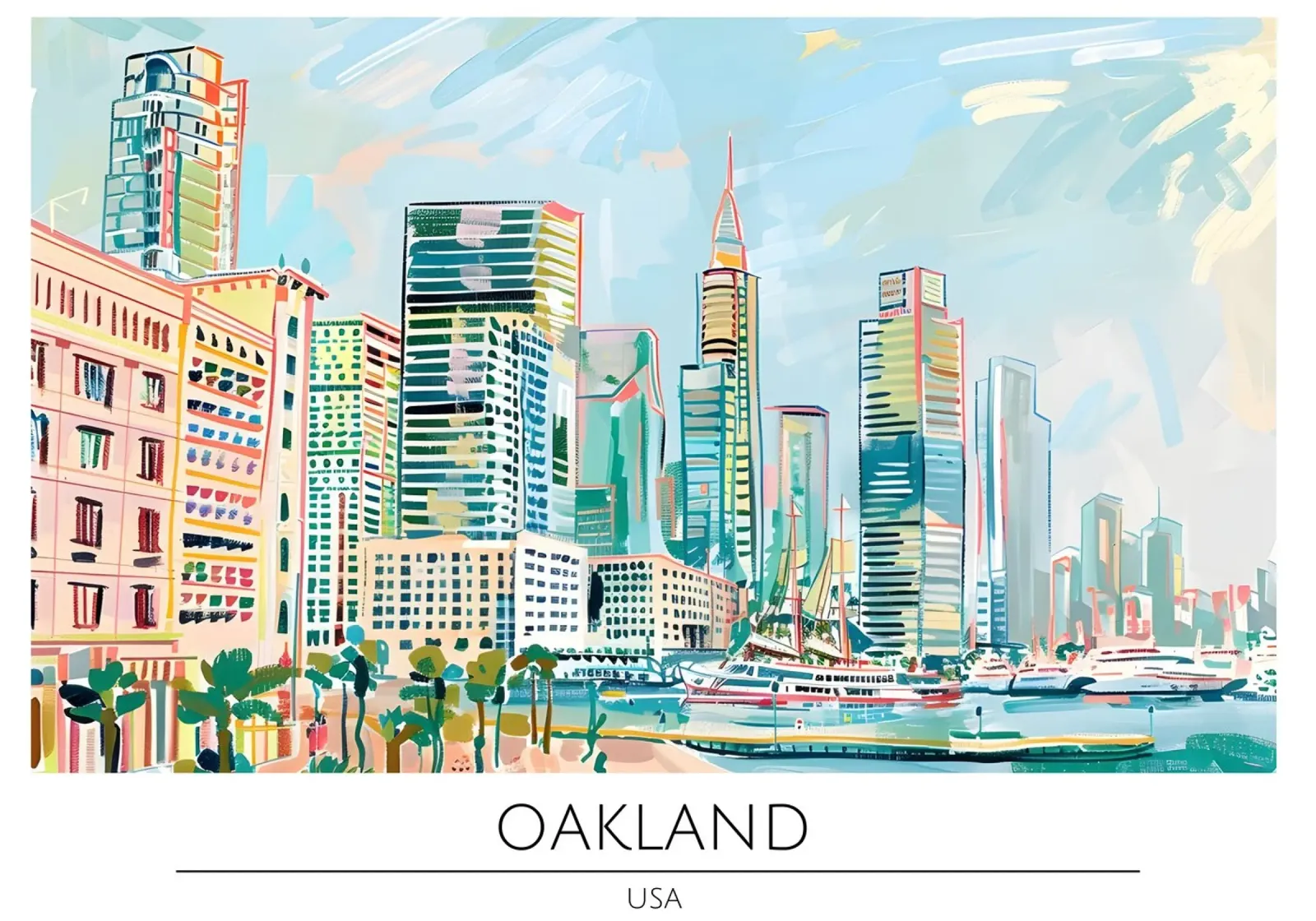 Poster retrò sullo skyline di Oakland California poster con telaio in legno da homdeco