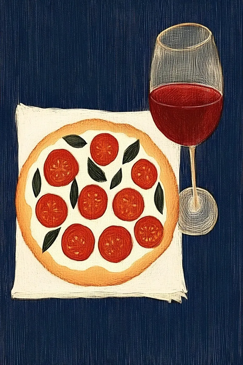Pizza e vino rosso poster con telaio in plastica da Curious Canvas