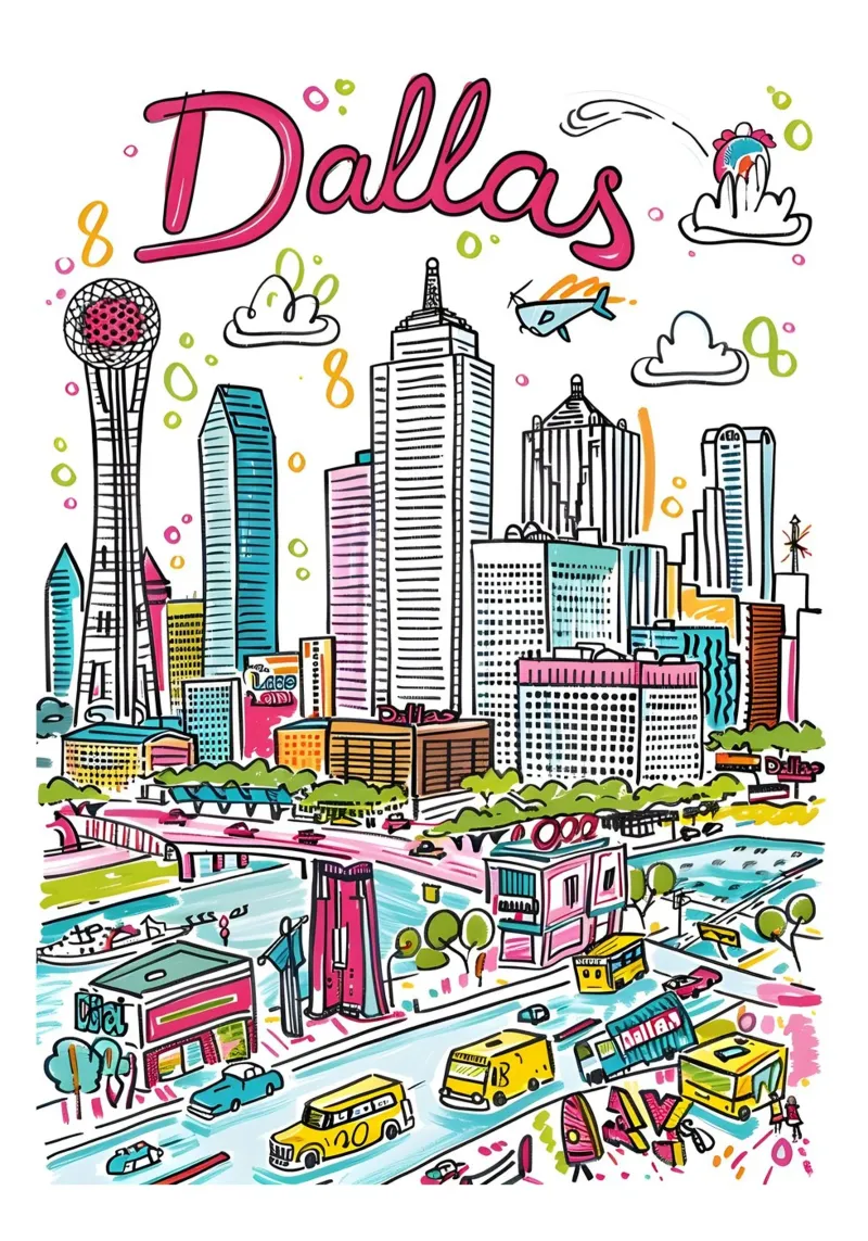 Poster con skyline della città di Dallas, Texas, cartoni animati poster da homdeco