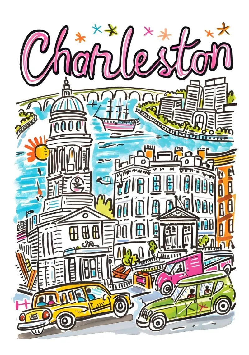 Charleston Zuid-Carolina Cartoon Stad Poster canvas met Baklijst van homdeco