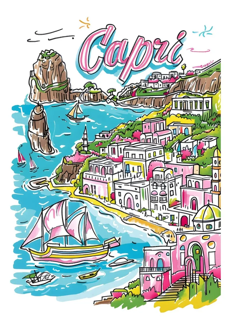 Poster di viaggio con cartoni animati dell'isola di Capri poster con telaio in plastica da homdeco
