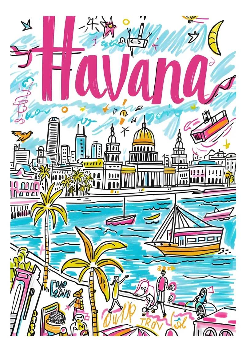 Poster di viaggio L'Avana Cuba, paesaggio della città vecchia tela con Cornice a cassetta da homdeco