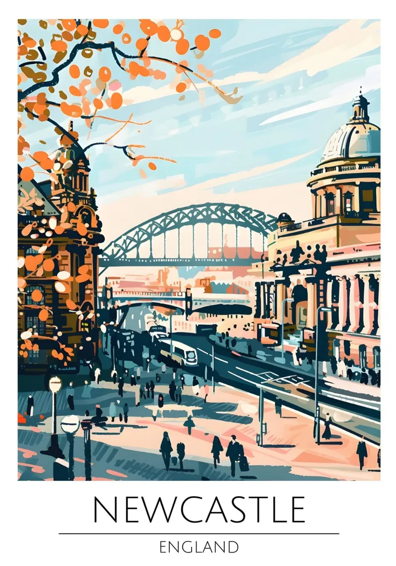 Newcastle UK, abstract stadsgezicht Reisafdruk canvas met Baklijst van homdeco