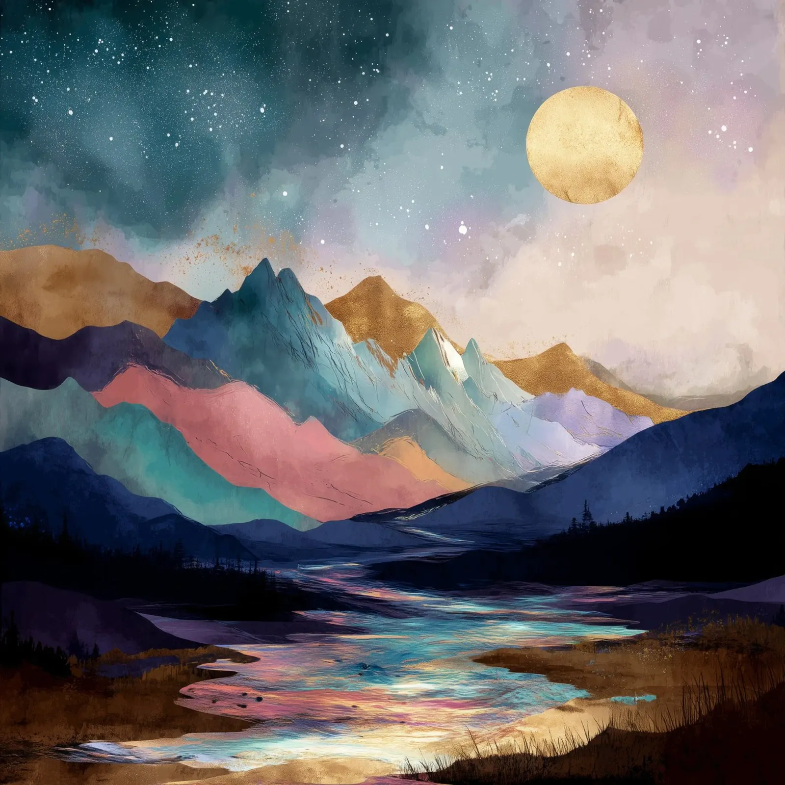 Surreal Mountain Landscape - Golden Moon and Colorful River pellicola backlit da Dune