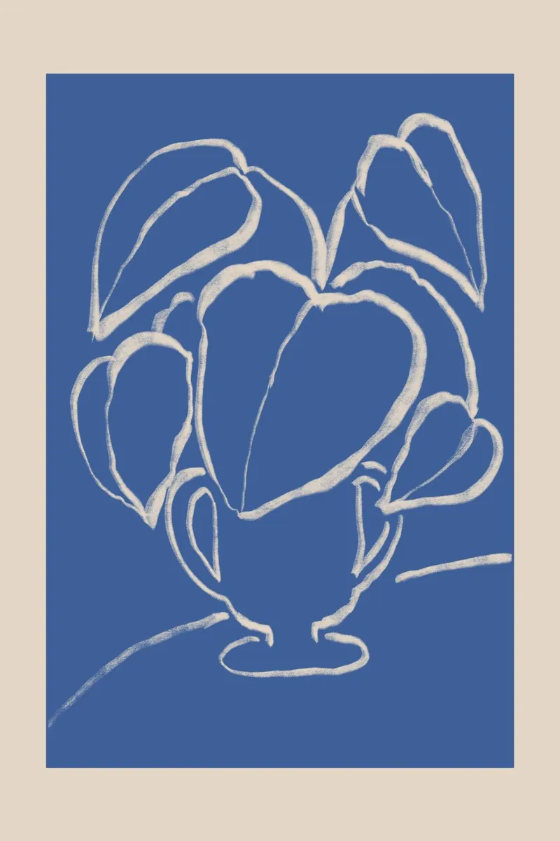 Planta abstracta azul y beige en jarrón poster con marco de plástico de Melloi Art Print