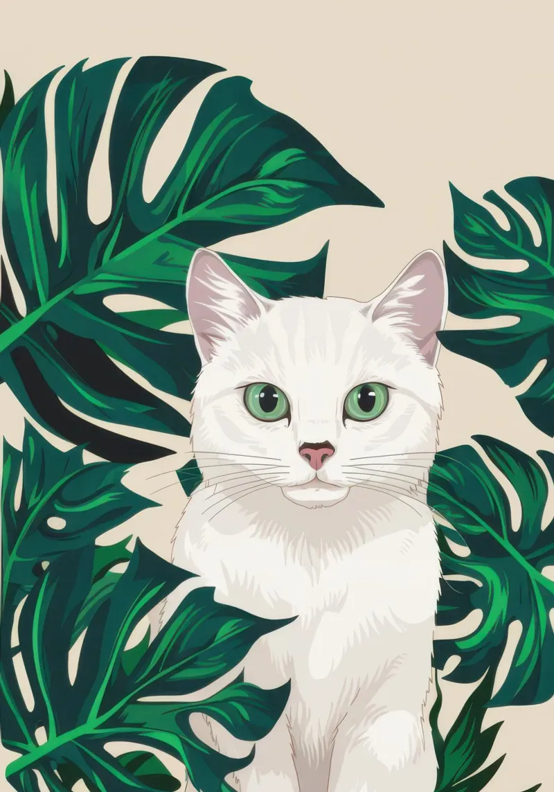 Gatto bianco Foglie verdi poster con telaio in legno da Irish Strokes