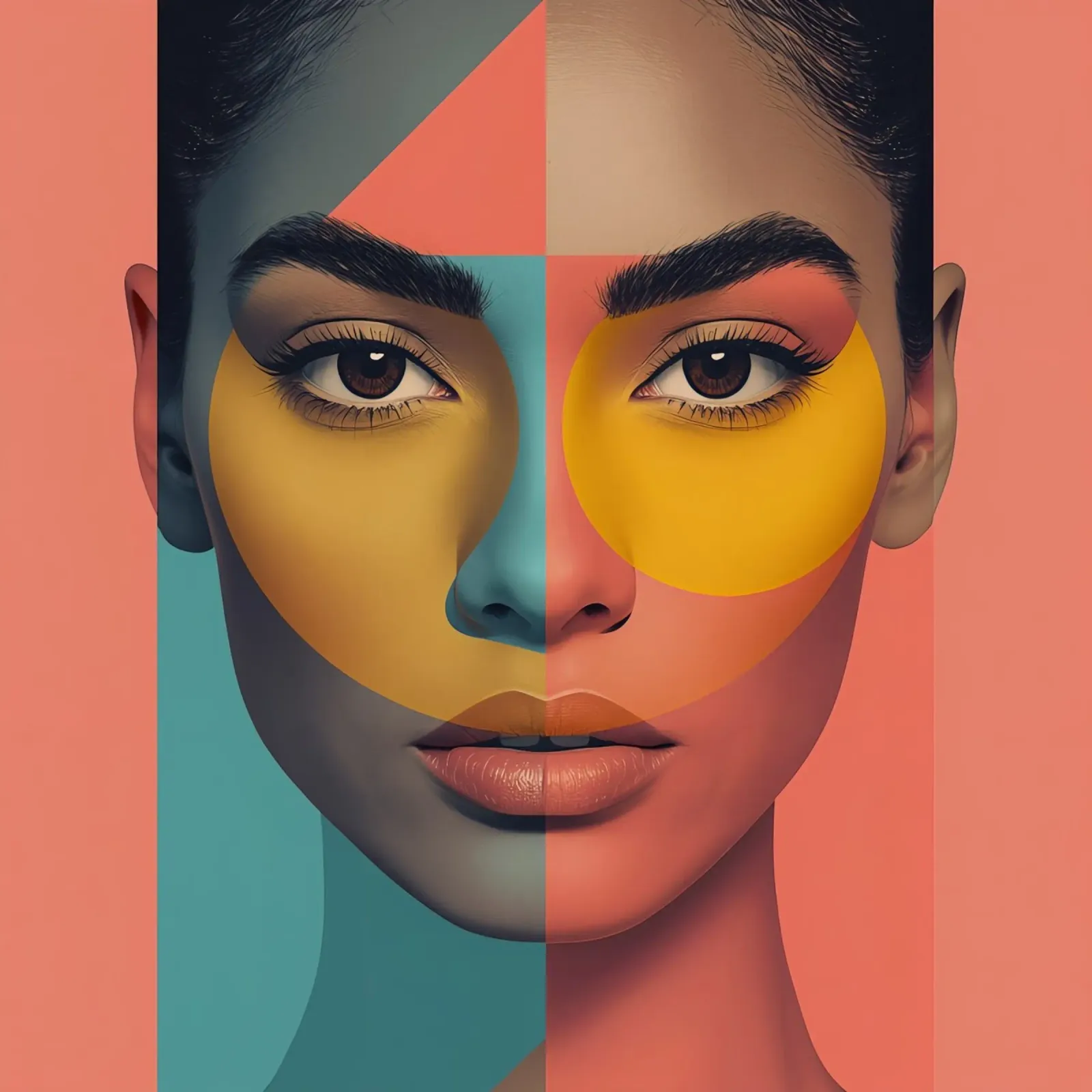 Woman's Face with Geometric Color Blocking art poster with wooden frame by DesignDoodle