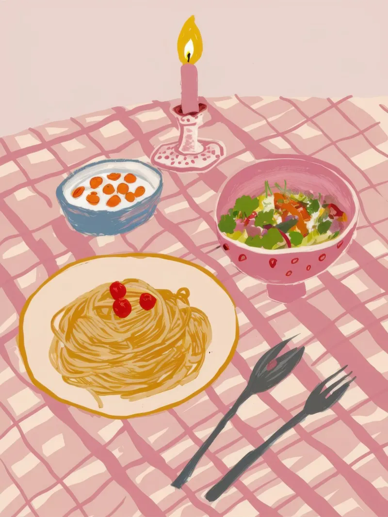Pasta para uno a la luz de las velas lienzo con Marco flotante de Irish Strokes
