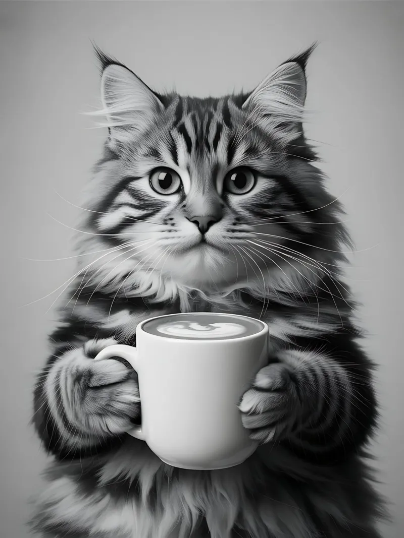 Pausa caffè Gatto Maine Coon poster con telaio in legno da Plain Thoughts