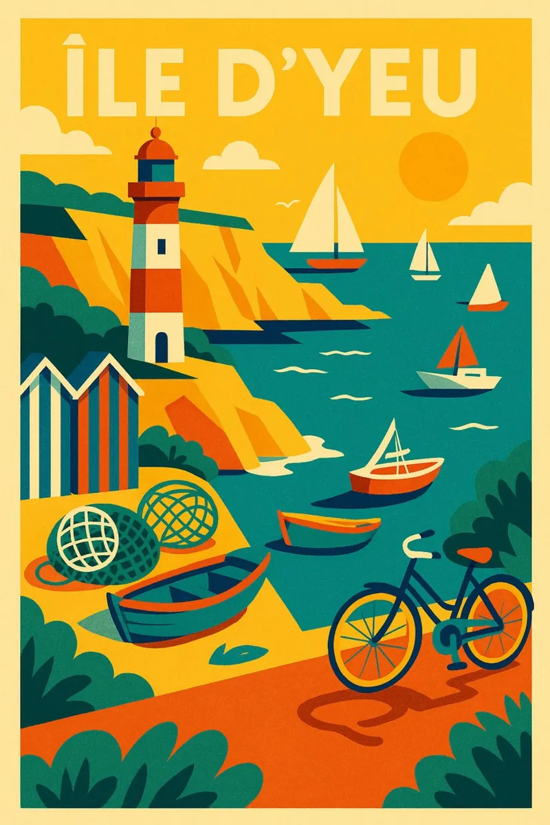 ÎLE D'YEU - Retro ontsnapping bij de vuurtoren poster met kunststof frame van JETLAG | affiches voyage