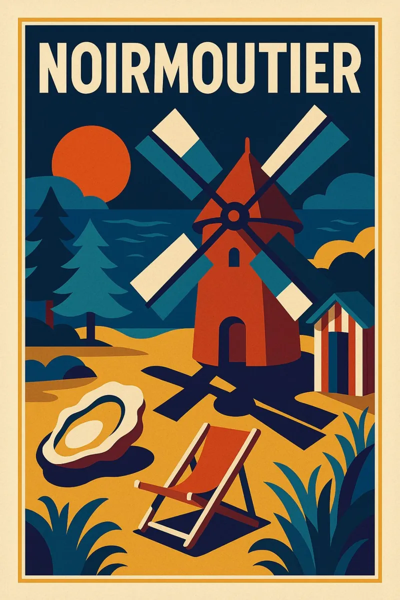 NOIRMOUTIER - Fascino retrò tra il mulino e l'oceano poster con telaio in legno da JETLAG | affiches voyage