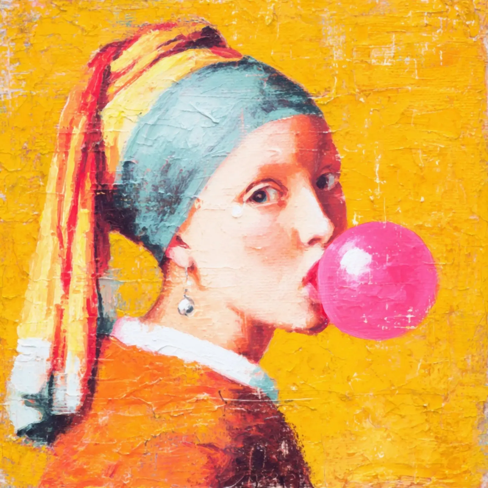 Ragazza con l'orecchino di perla che soffia gomme da masticare Divertimento moderno Pop Art poster con telaio in alluminio da Modern Muse
