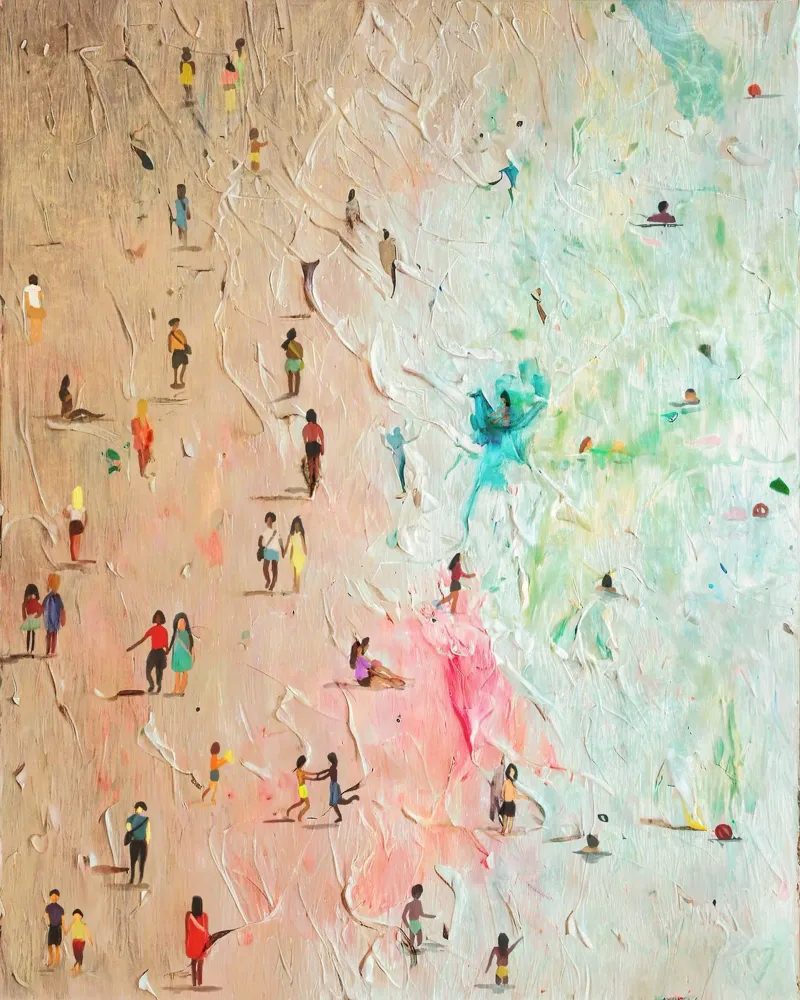 Moderne golven en leven: Impressionistisch strandlandschap poster met kunststof frame van Kunst und Kontrast