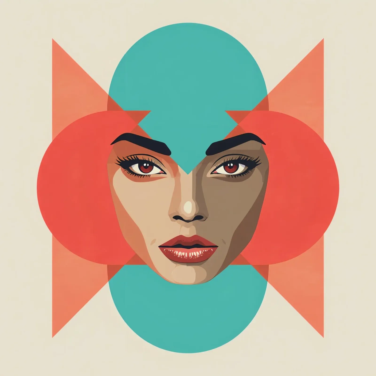 Volto di donna con sovrapposizioni geometriche forme astratte poster con telaio in legno da DesignDoodle