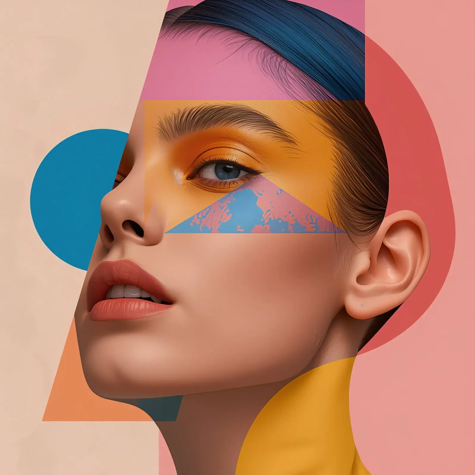 Volto di donna con sovrapposizioni di forme geometriche e colori brillanti poster con telaio in alluminio da DesignDoodle