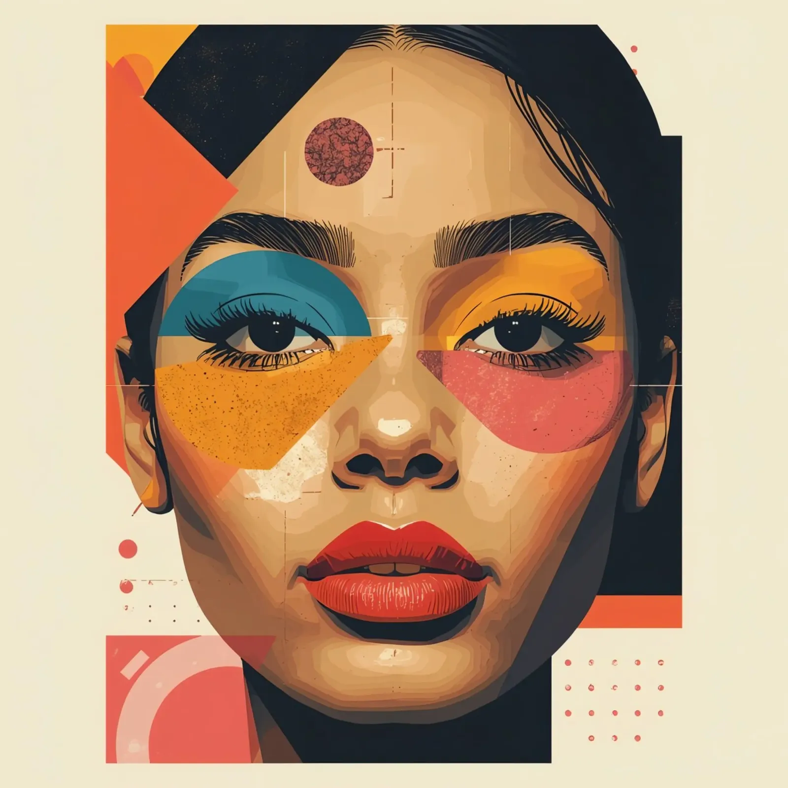 Gesicht einer Frau mit geometrischen Formen und abstraktem Hintergrund Poster mit Kunststoffrahmen von DesignDoodle
