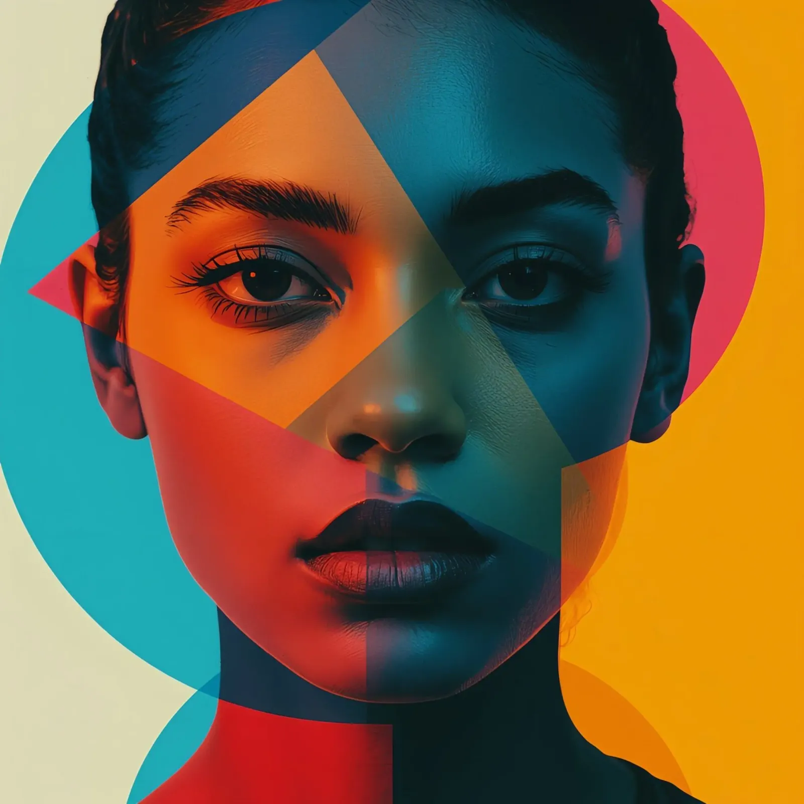 Volto di donna con forme geometriche e blocchi di colore poster con telaio in plastica da DesignDoodle