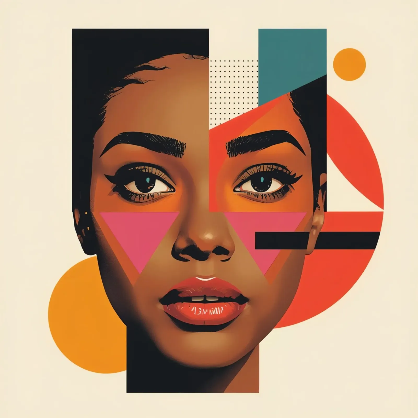 Volto di donna con forme geometriche e colori retrò poster con telaio in legno da DesignDoodle