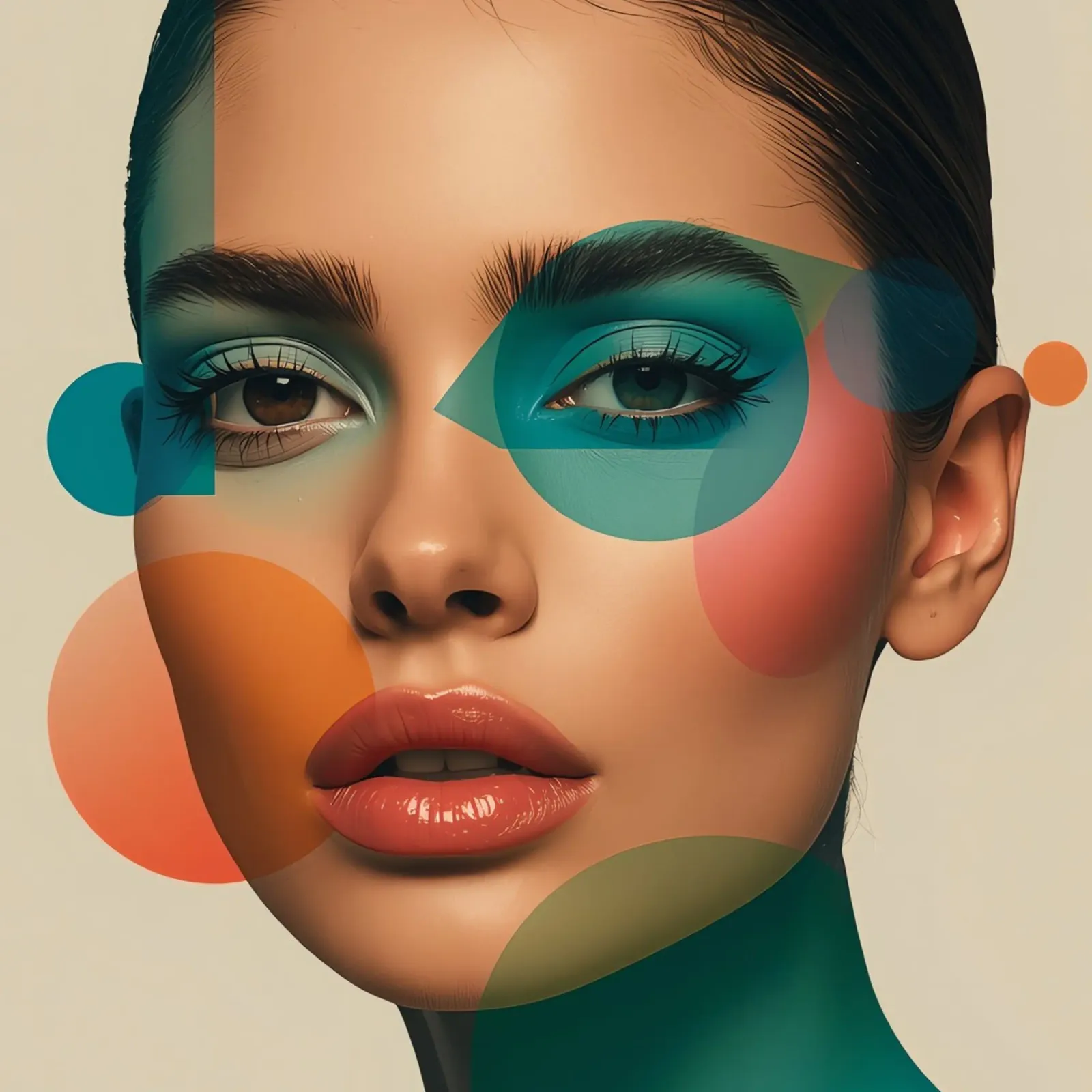 Volto di donna con forme geometriche e trucco verde acqua poster con telaio in alluminio da DesignDoodle