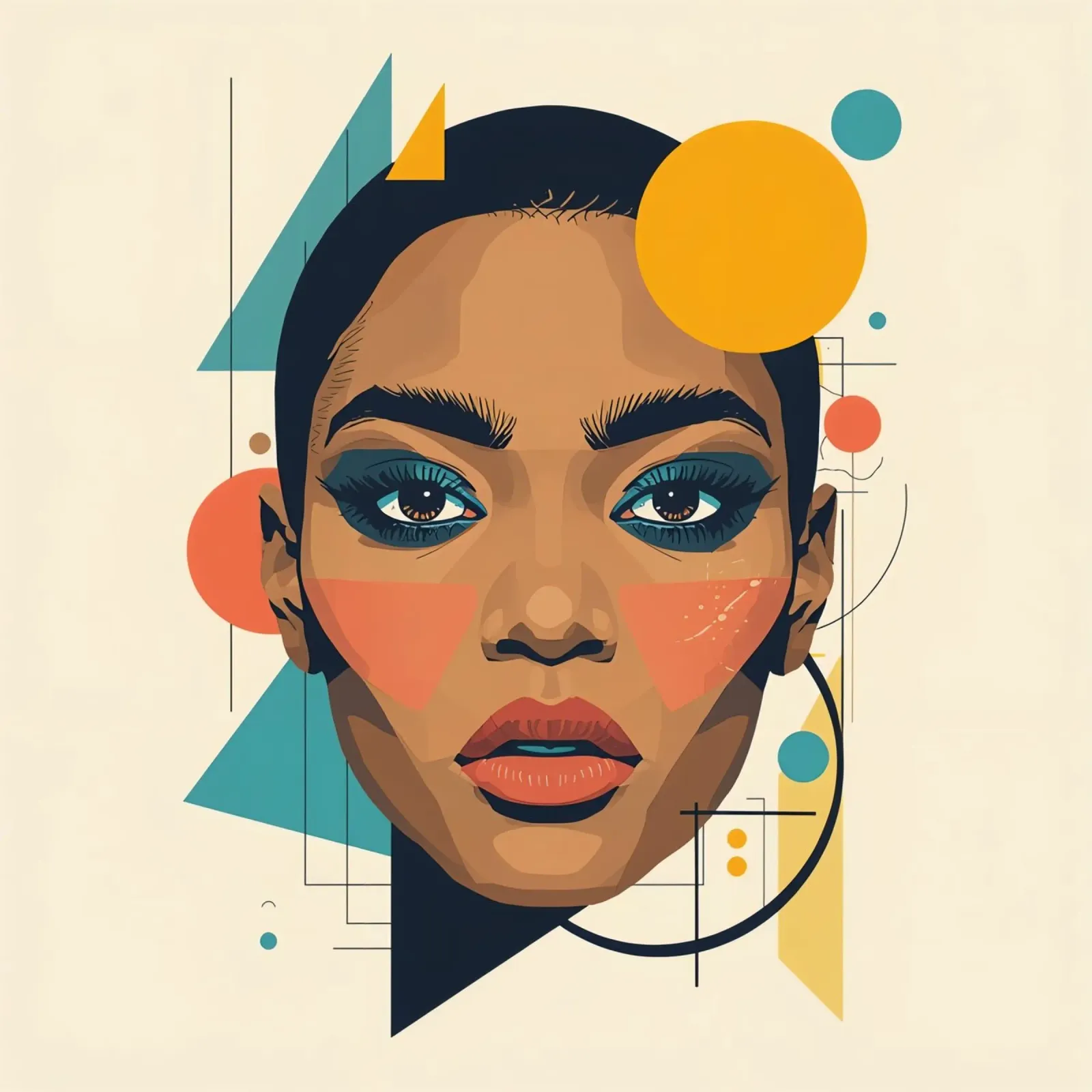 Volto di donna con forme geometriche Illustrazione digitale poster con telaio in legno da DesignDoodle