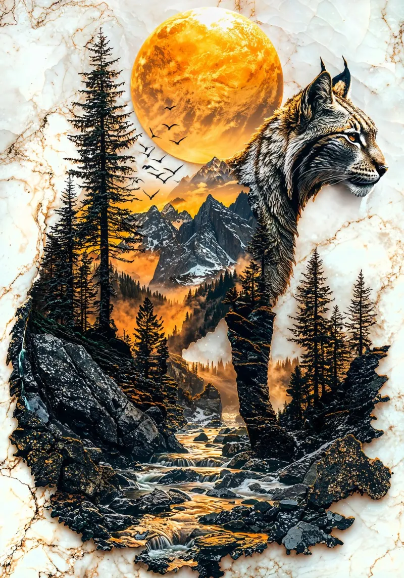 Lynx Mountain Sunset poster con telaio in legno da Pixaverse