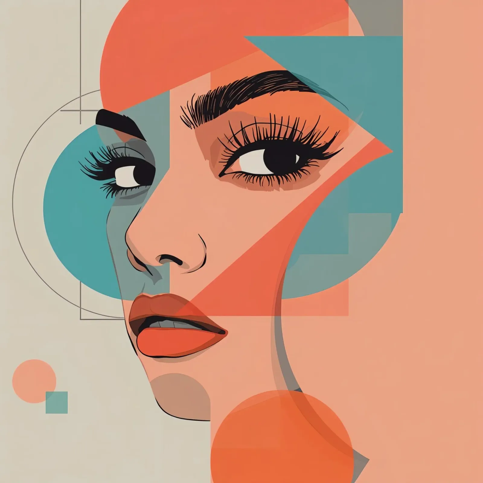 Volto di donna con illustrazione di forme geometriche poster con telaio in legno da DesignDoodle