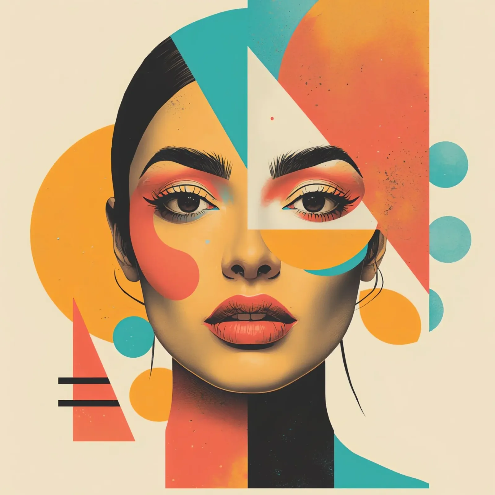 Volto di donna con sovrapposizione di forme geometriche in pastello poster con telaio in legno da DesignDoodle