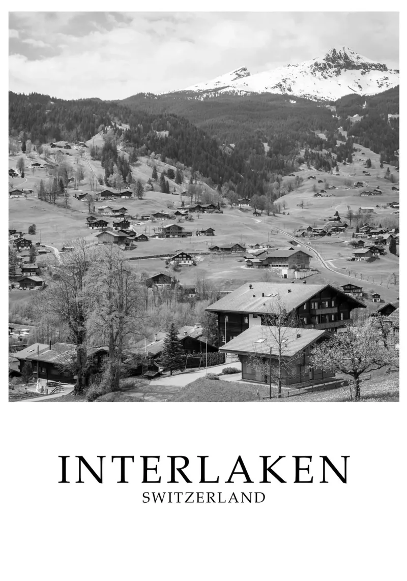 Interlaken Svizzera Natura Paesaggio Scala di grigi tela con Cornice a cassetta da Charnwood Prints