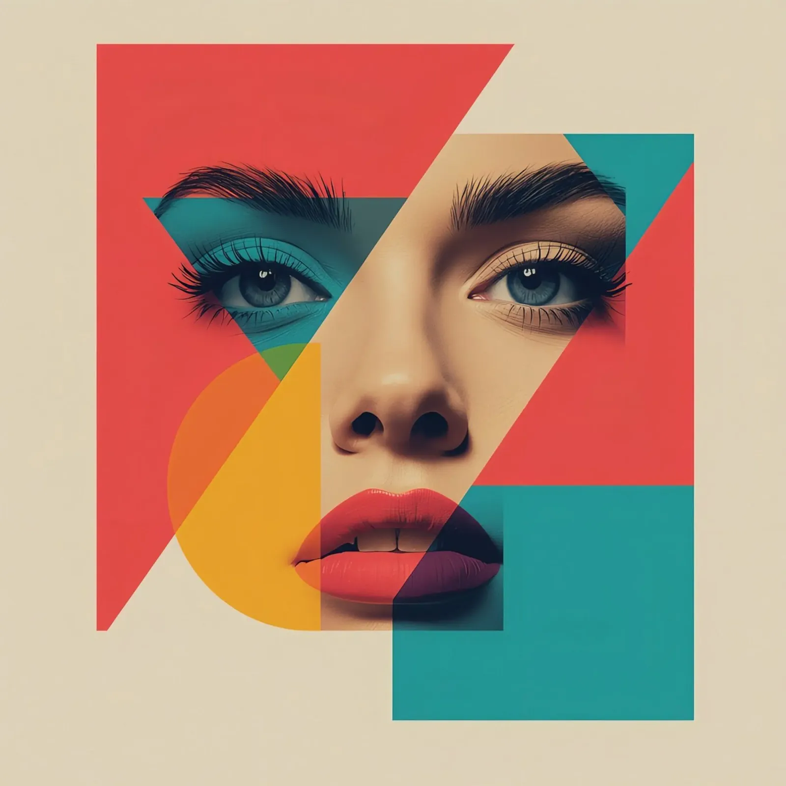 Modello di viso di donna con sovrapposizione di forme geometriche poster con telaio in plastica da DesignDoodle