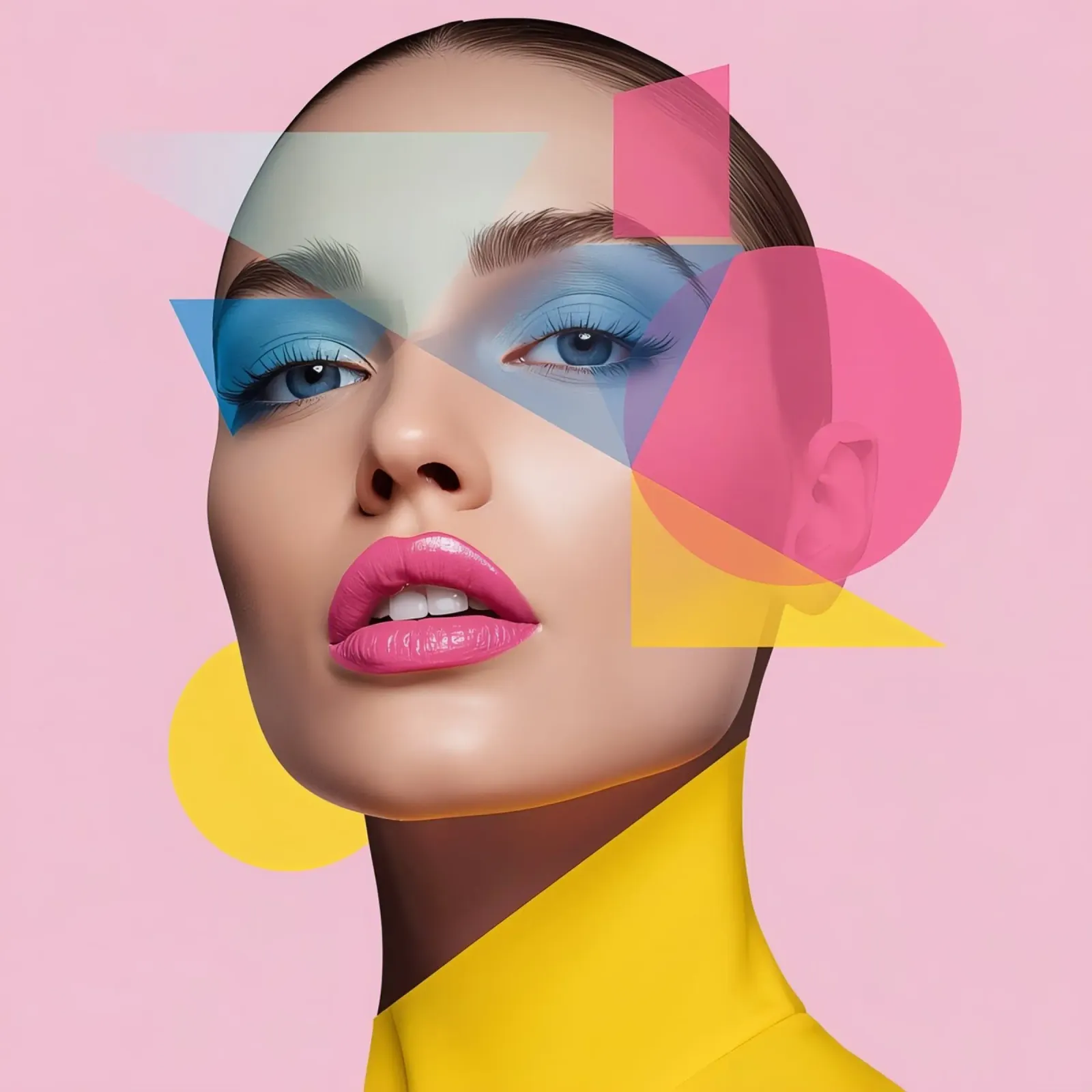 Volto di donna con forme geometriche colorate sfondo rosa poster con telaio in plastica da DesignDoodle