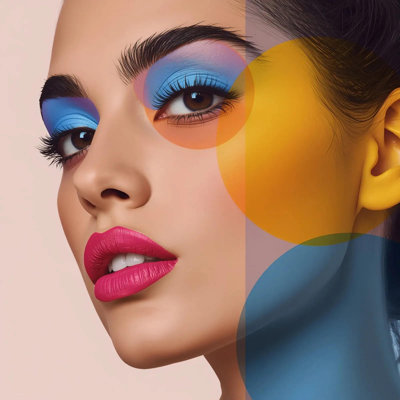 Volto di donna con trucco colorato e sovrapposizioni geometriche poster con telaio in alluminio da DesignDoodle